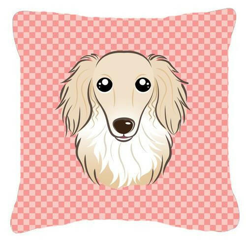 Checkerboard Pink Longhair Creme Dachshund Canvas Fabric Decorative Pillow BB1212PW1414 - the-store.com