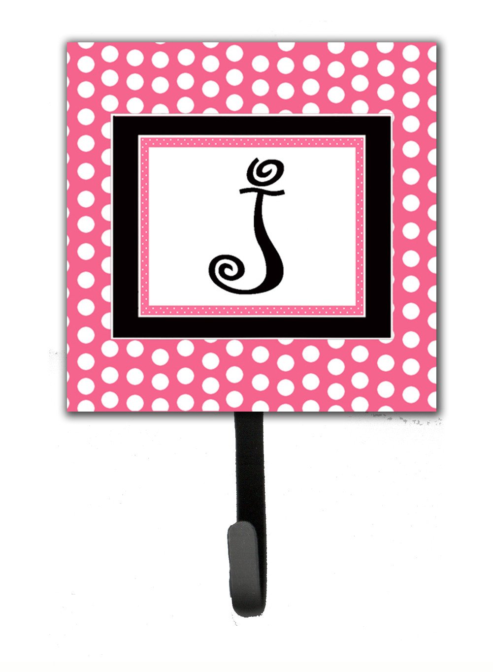 Letter J Initial Monogram - Pink Black Polka Dots Leash Holder or Key Hook by Caroline's Treasures