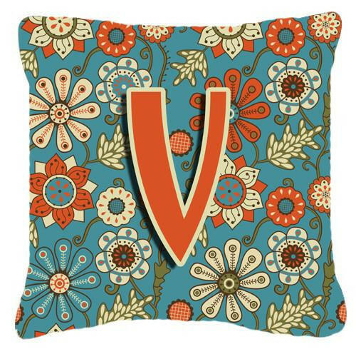 Letter V Flowers Retro Blue Canvas Fabric Decorative Pillow CJ2012-VPW1414 by Caroline&#39;s Treasures