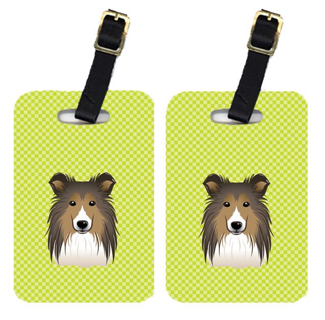 Pair of Checkerboard Lime Green Sheltie Luggage Tags BB1304BT by Caroline&#39;s Treasures