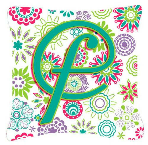 Letter F Flowers Pink Teal Green Initial Canvas Fabric Decorative Pillow CJ2011-FPW1414 by Caroline&#39;s Treasures