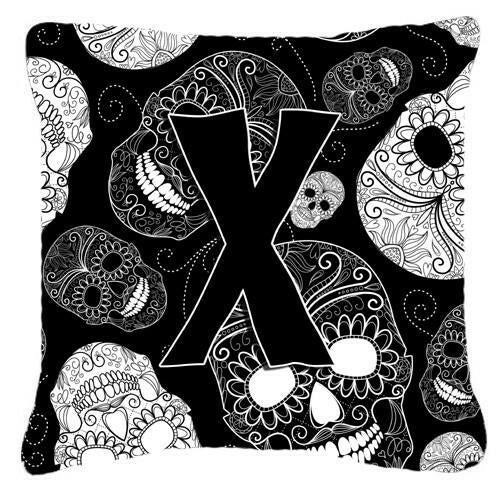 Letter X Day of the Dead Skulls Black Canvas Fabric Decorative Pillow CJ2008-XPW1414 by Caroline&#39;s Treasures