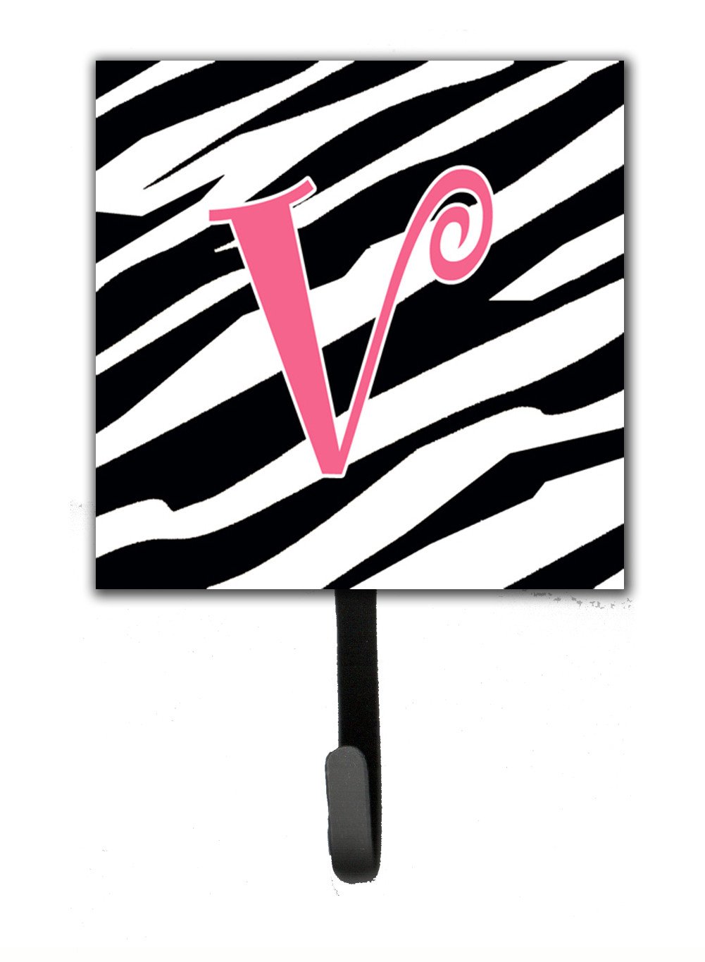 Letter V Initial Monogram - Zebra Stripe and Pink Leash Holder or Key Hook by Caroline&#39;s Treasures