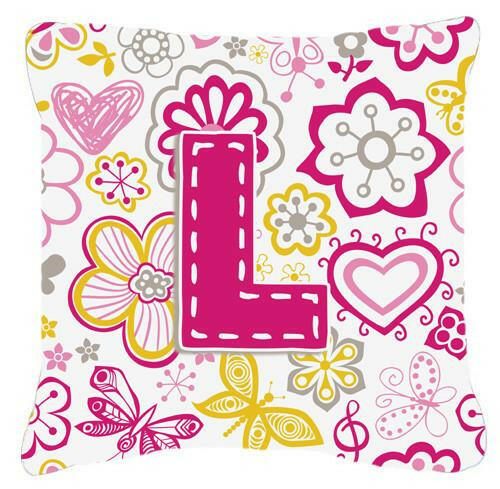Letter L Flowers and Butterflies Pink Canvas Fabric Decorative Pillow CJ2005-LPW1414 by Caroline&#39;s Treasures