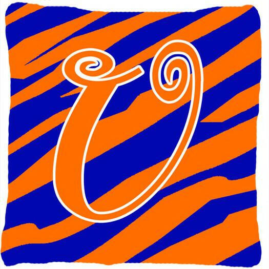 Monogram Initial U Tiger Stripe Blue and Orange Decorative Canvas Fabric Pillow - the-store.com