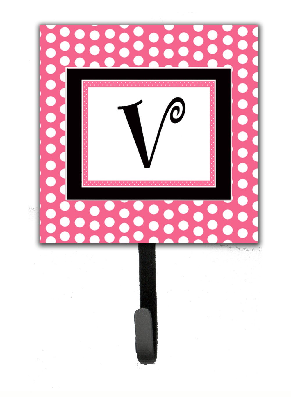 Letter V Initial Monogram - Pink Black Polka Dots Leash Holder or Key Hook by Caroline&#39;s Treasures