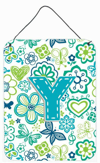 Caroline's Treasures Letter Y Flowers and Butterflies Teal Blue Wall or Door Hanging Prints CJ2006-YDS1216