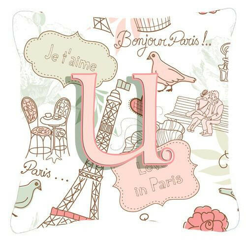 Letter U Love in Paris Pink Canvas Fabric Decorative Pillow CJ2002-UPW1414 by Caroline&#39;s Treasures