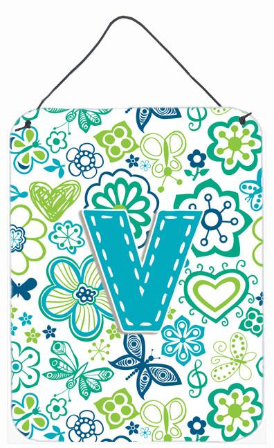 Letter V Flowers and Butterflies Teal Blue Wall or Door Hanging Prints CJ2006-VDS1216 by Caroline's Treasures