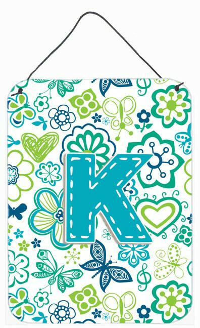 Caroline's Treasures Letter K Flowers and Butterflies Teal Blue Wall or Door Hanging Prints CJ2006-KDS1216