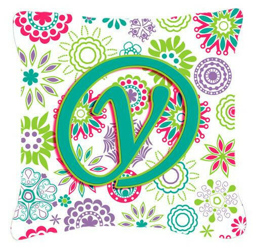 Letter Y Flowers Pink Teal Green Initial Canvas Fabric Decorative Pillow CJ2011-YPW1414 by Caroline&#39;s Treasures
