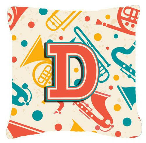 Letter D Retro Teal Orange Musical Instruments Initial Canvas Fabric Decorative Pillow CJ2001-DPW1414 by Caroline&#39;s Treasures