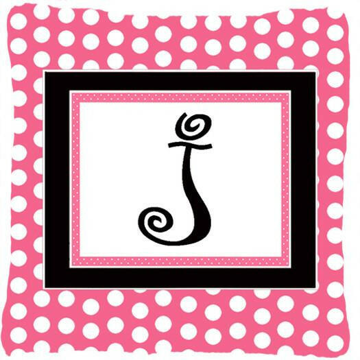 Letter J Initial Monogram Pink Black Polka Dots Decorative Canvas Fabric Pillow - the-store.com