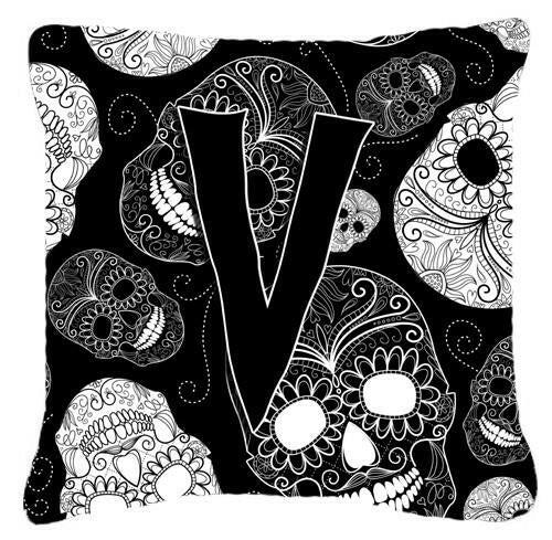 Letter V Day of the Dead Skulls Black Canvas Fabric Decorative Pillow CJ2008-VPW1414 by Caroline&#39;s Treasures