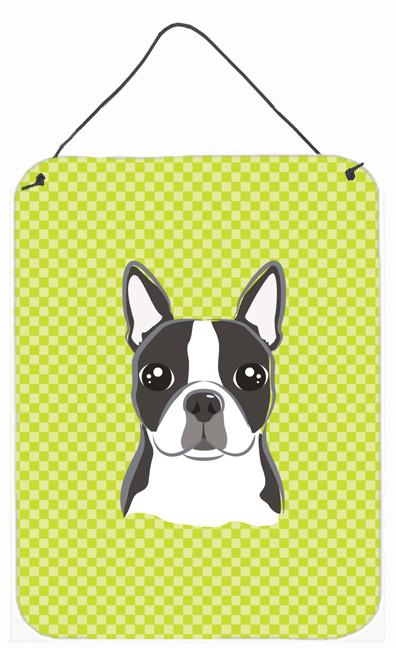 Checkerboard Lime Green Boston Terrier Wall or Door Hanging Prints BB1265DS1216 by Caroline&#39;s Treasures