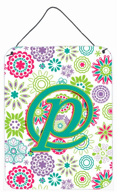 Letter P Flowers Pink Teal Green Initial Wall or Door Hanging Prints CJ2011-PDS1216 by Caroline's Treasures