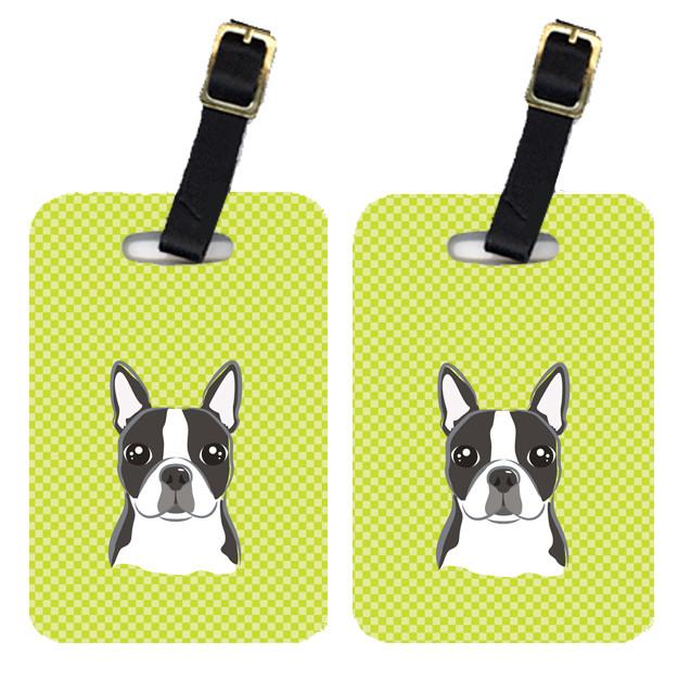 Pair of Checkerboard Lime Green Boston Terrier Luggage Tags BB1265BT by Caroline&#39;s Treasures