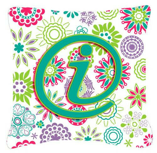 Letter I Flowers Pink Teal Green Initial Canvas Fabric Decorative Pillow CJ2011-IPW1414 by Caroline&#39;s Treasures