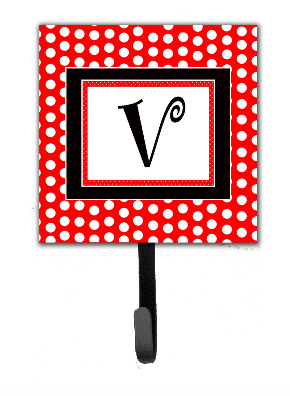 Letter V Initial Monogram - Red Black Polka Dots Leash Holder or Key Hook by Caroline&#39;s Treasures