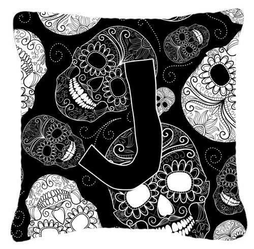 Letter J Day of the Dead Skulls Black Canvas Fabric Decorative Pillow CJ2008-JPW1414 by Caroline's Treasures