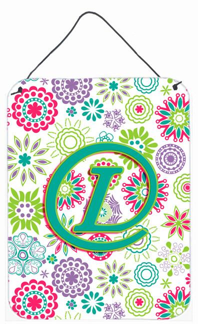 Letter L Flowers Pink Teal Green Initial Wall or Door Hanging Prints CJ2011-LDS1216 by Caroline&#39;s Treasures