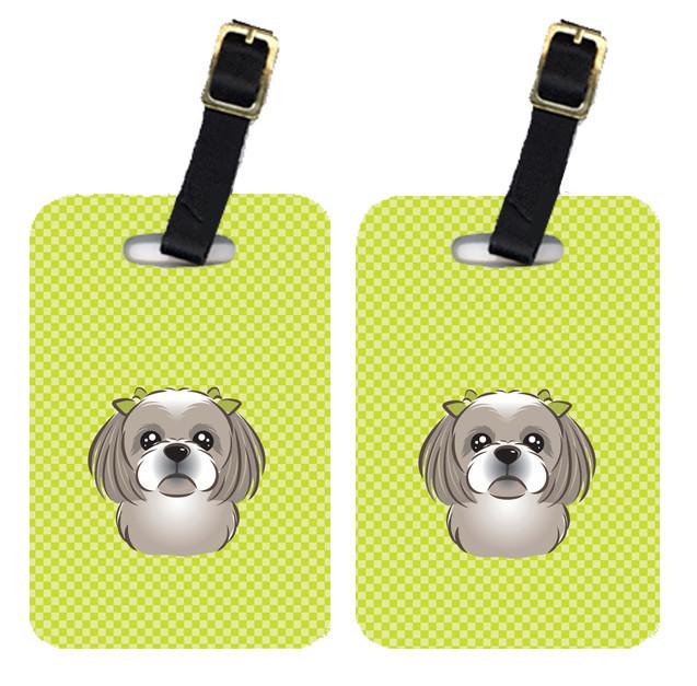 Pair of Checkerboard Lime Green Gray Silver Shih Tzu Luggage Tags BB1312BT by Caroline&#39;s Treasures
