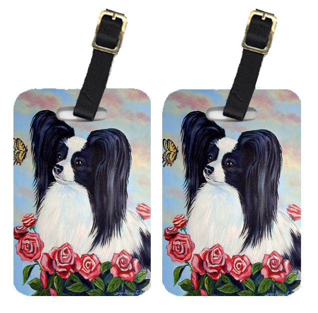 Pair of 2 Black and White Papillon in Roses Luggage Tags by Caroline&#39;s Treasures