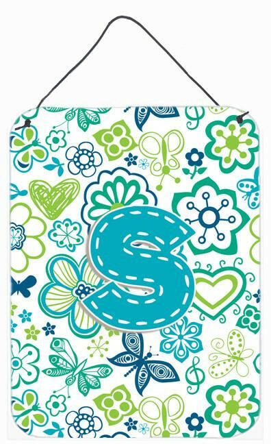 Caroline's Treasures Letter S Flowers and Butterflies Teal Blue Wall or Door Hanging Prints CJ2006-SDS1216
