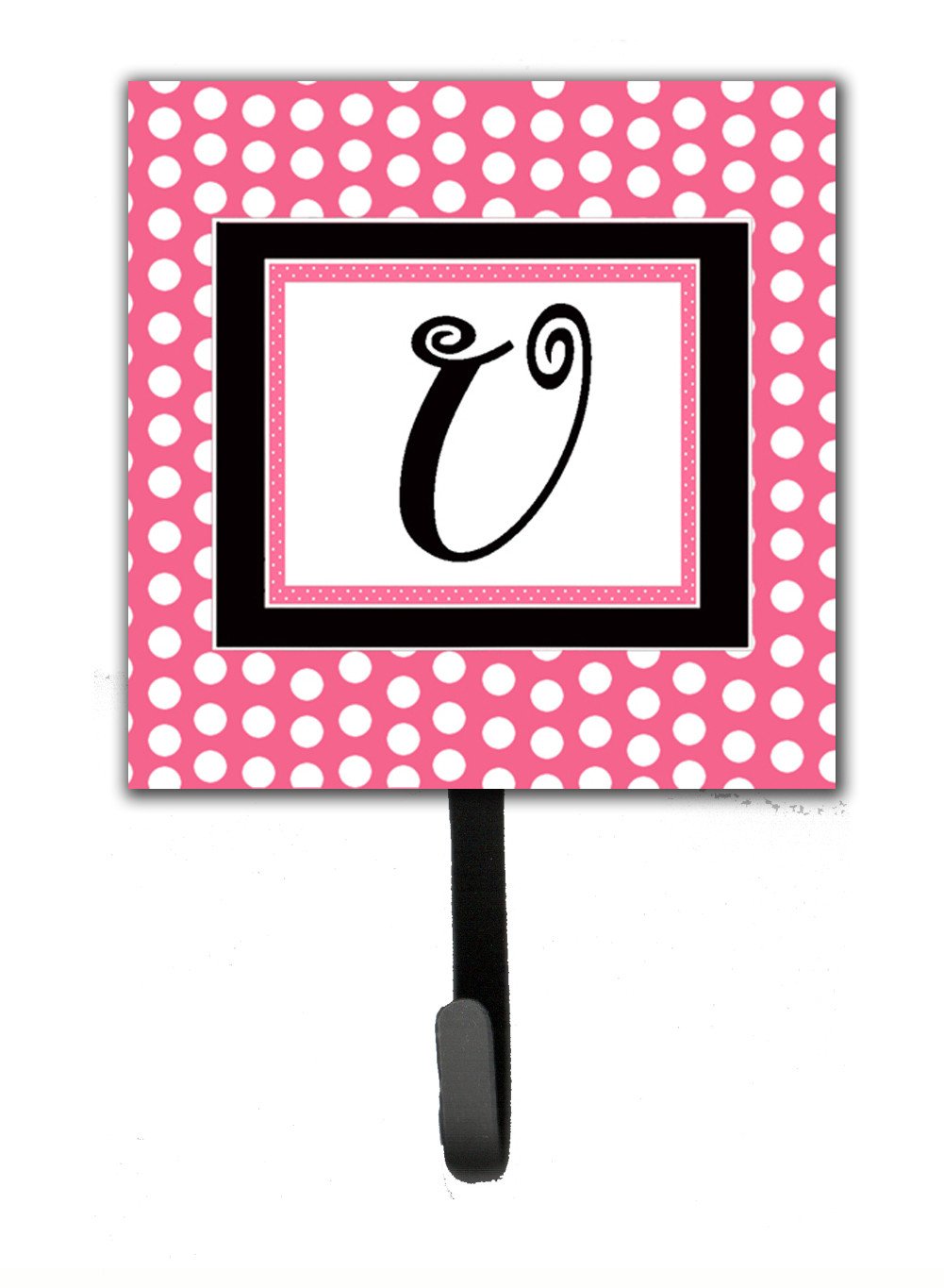 Letter U Initial Monogram - Pink Black Polka Dots Leash Holder or Key Hook by Caroline's Treasures