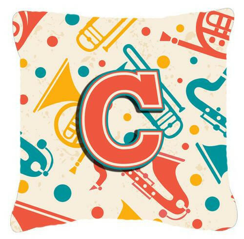 Letter C Retro Teal Orange Musical Instruments Initial Canvas Fabric Decorative Pillow CJ2001-CPW1414 by Caroline&#39;s Treasures