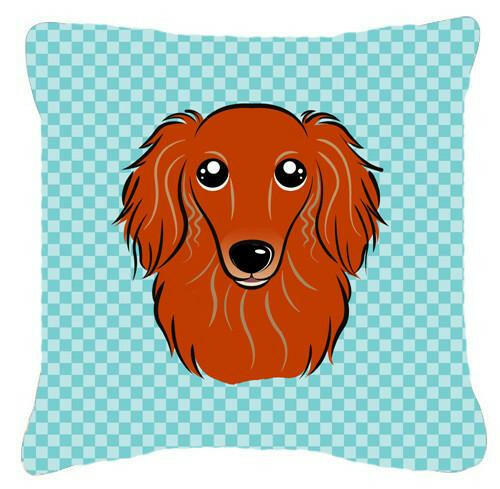 Checkerboard Blue Longhair Red Dachshund Canvas Fabric Decorative Pillow BB1152PW1414 - the-store.com