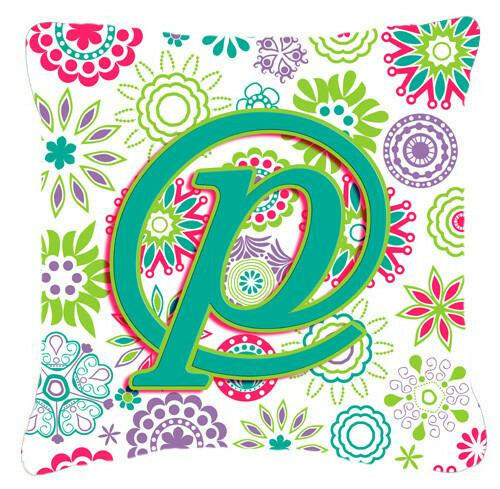 Letter P Flowers Pink Teal Green Initial Canvas Fabric Decorative Pillow CJ2011-PPW1414 by Caroline&#39;s Treasures