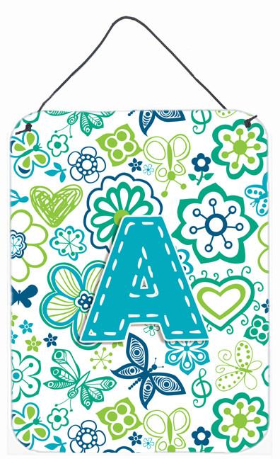 Letter A Flowers and Butterflies Teal Blue Wall or Door Hanging Prints CJ2006-ADS1216 by Caroline&#39;s Treasures