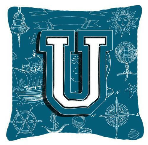 Letter U Sea Doodles Initial Alphabet Canvas Fabric Decorative Pillow CJ2014-UPW1414 by Caroline's Treasures