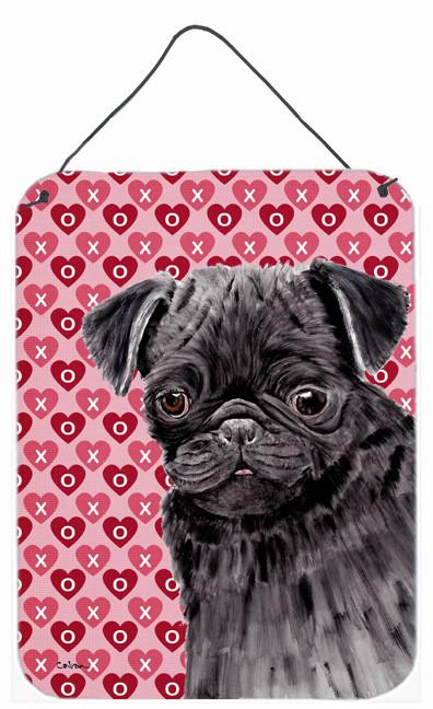 Pug Black Hearts Love and Valentine&#39;s Day Portrait Wall or Door Hanging Prints by Caroline&#39;s Treasures
