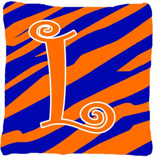 Monogram Initial L Tiger Stripe Blue and Orange Decorative Canvas Fabric Pillow - the-store.com