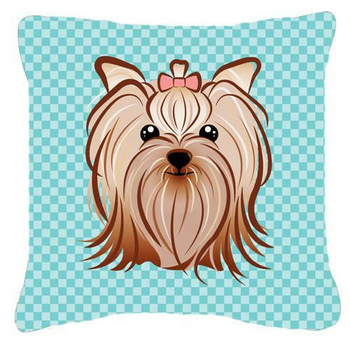 Checkerboard Blue Yorkie Yorkshire Terrier Canvas Fabric Decorative Pillow BB1142PW1414 - the-store.com