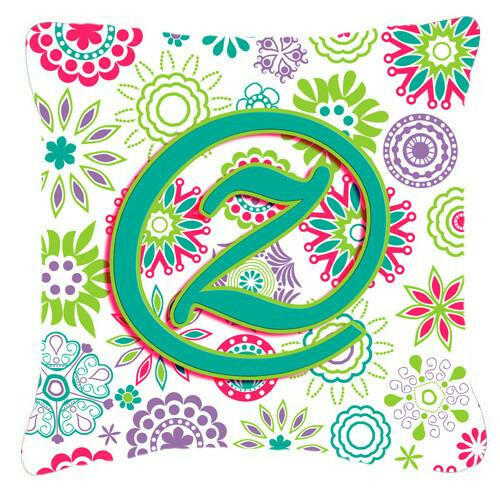 Letter Z Flowers Pink Teal Green Initial Canvas Fabric Decorative Pillow CJ2011-ZPW1414 by Caroline&#39;s Treasures