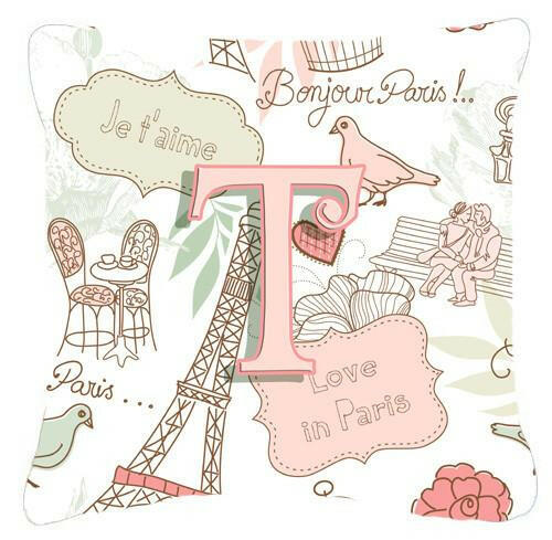 Letter T Love in Paris Pink Canvas Fabric Decorative Pillow CJ2002-TPW1414 by Caroline's Treasures