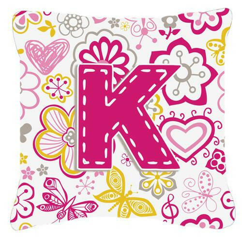 Letter K Flowers and Butterflies Pink Canvas Fabric Decorative Pillow CJ2005-KPW1414 by Caroline's Treasures
