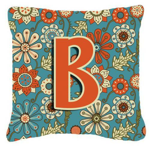 Letter B Flowers Retro Blue Canvas Fabric Decorative Pillow CJ2012-BPW1414 by Caroline&#39;s Treasures