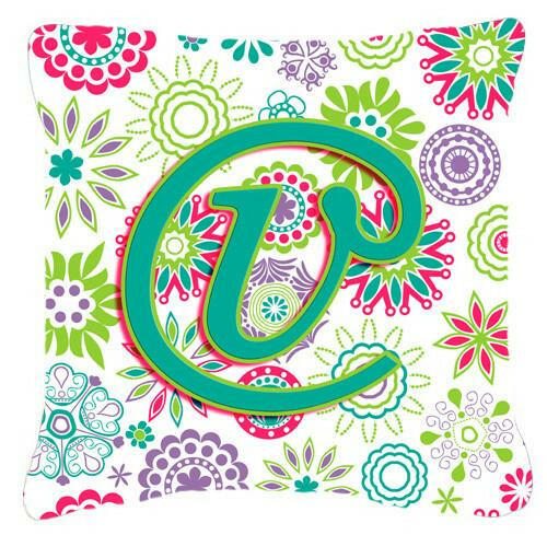 Letter V Flowers Pink Teal Green Initial Canvas Fabric Decorative Pillow CJ2011-VPW1414 by Caroline&#39;s Treasures