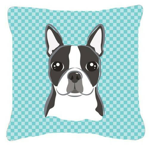 Checkerboard Blue Boston Terrier Canvas Fabric Decorative Pillow BB1141PW1414 - the-store.com