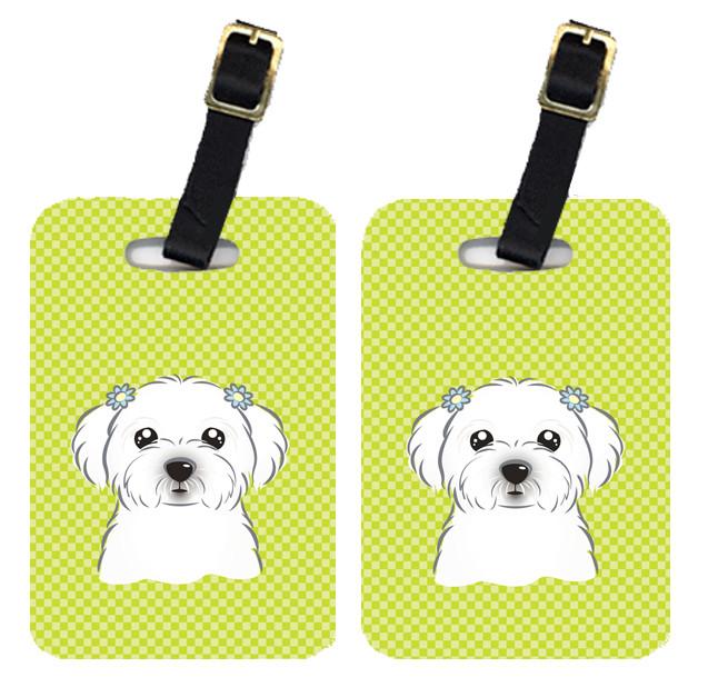 Pair of Checkerboard Lime Green Maltese Luggage Tags BB1270BT by Caroline&#39;s Treasures