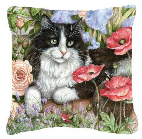 Black and White Cat in Poppies Canvas Decorative Pillow CDCO0231PW1414 - the-store.com