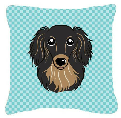 Checkerboard Blue Longhair Black and Tan Dachshund Canvas Fabric Decorative Pillow BB1151PW1414 - the-store.com