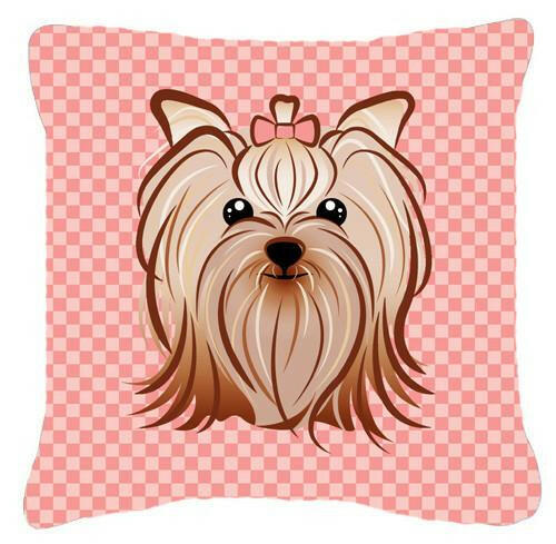 Checkerboard Pink Yorkie Yorkshire Terrier Canvas Fabric Decorative Pillow BB1204PW1414 - the-store.com