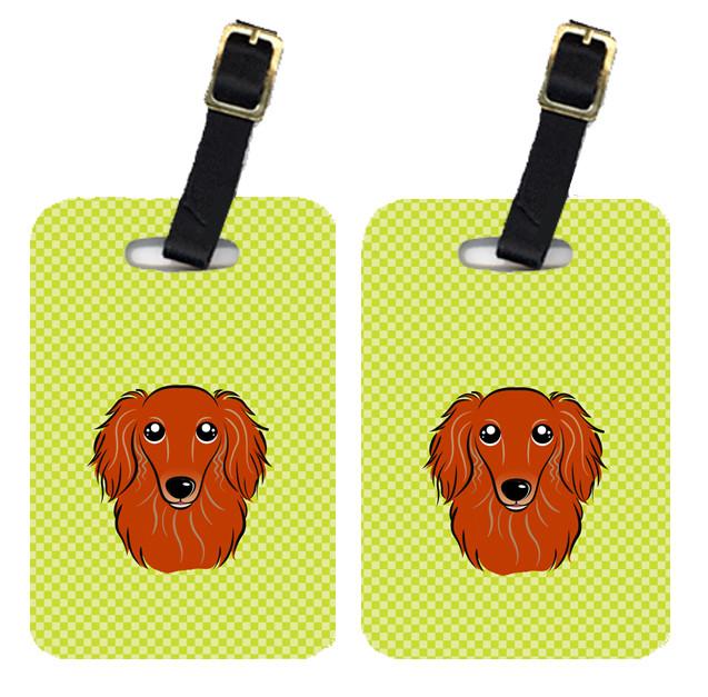 Pair of Checkerboard Lime Green Longhair Red Dachshund Luggage Tags BB1276BT by Caroline&#39;s Treasures