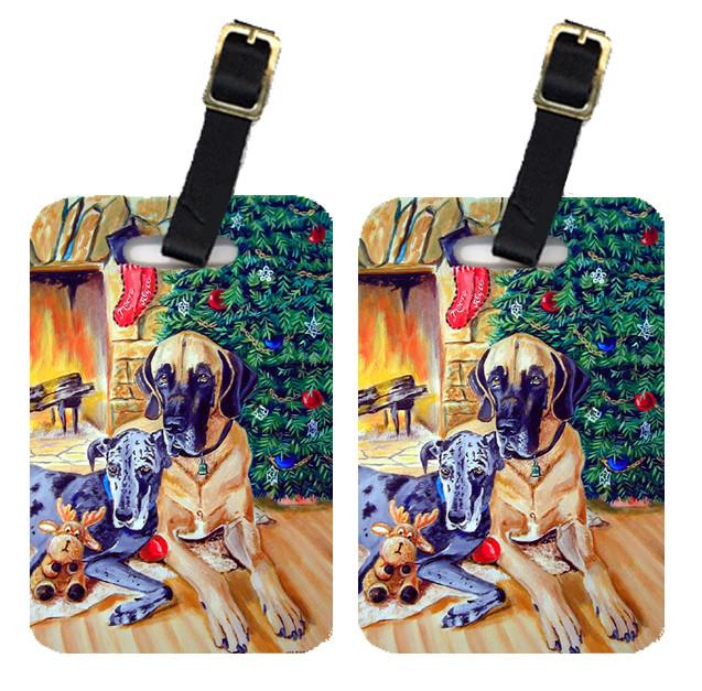 Pair of 2 Harlequin and Blue Great Dane Under the Christmas Tree Luggage Tags by Caroline&#39;s Treasures