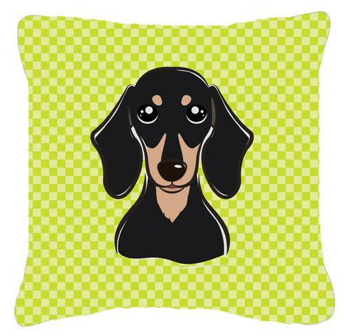 Checkerboard Lime Green Smooth Black and Tan Dachshund Canvas Fabric Decorative Pillow BB1277PW1414 - the-store.com